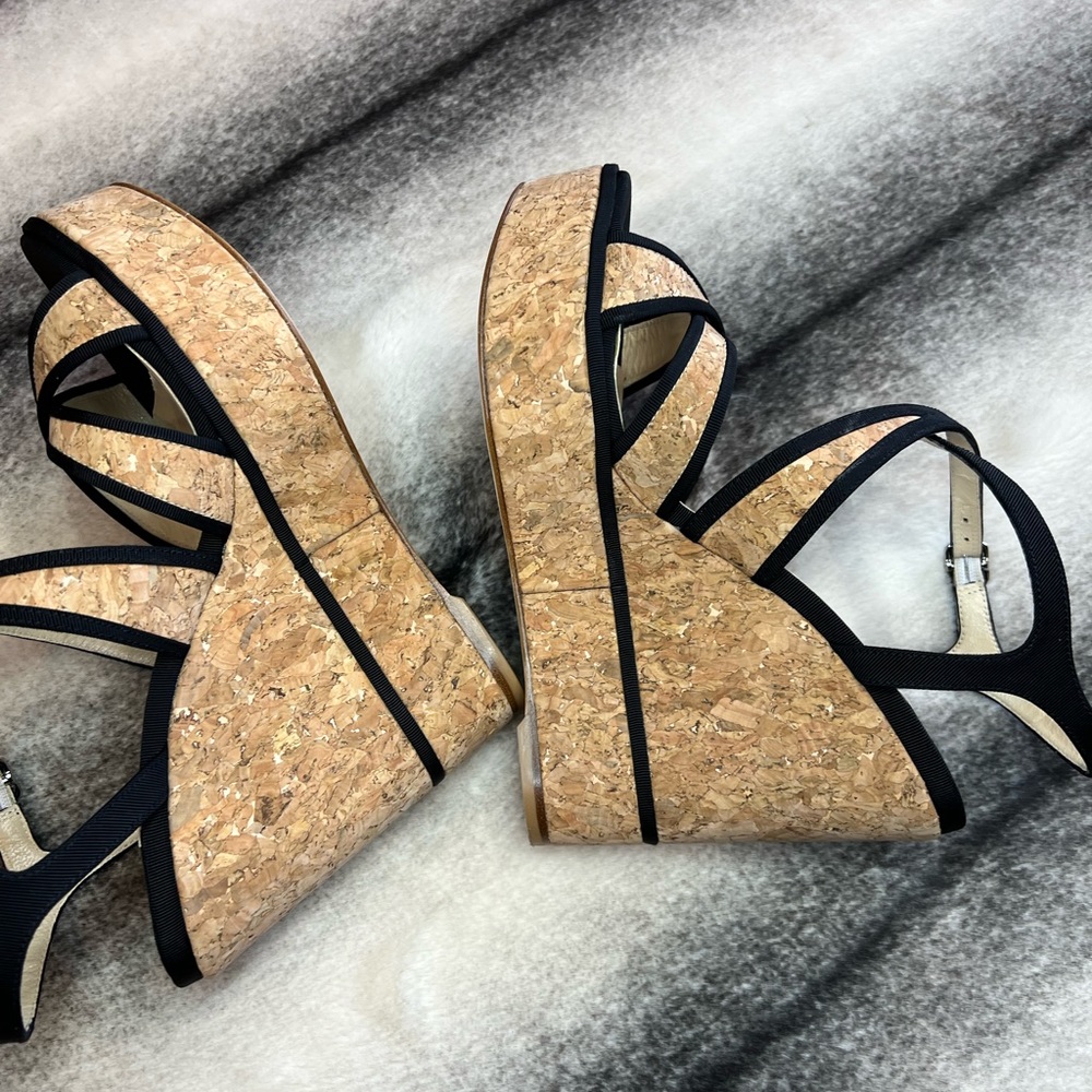 Jimmy Choo Alissa 120 Natural Black Cork Grossgrain Wedges - Picture 7 of 10
